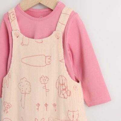 Cream / Pink Character Baby Dungaree and Bodysuit Two Piece Set
