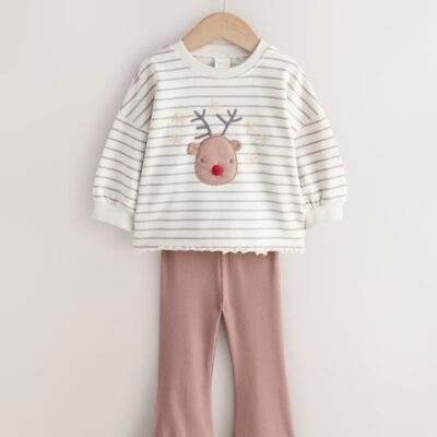 Neutral Reindeer Long Sleeve Top and Flare Set
