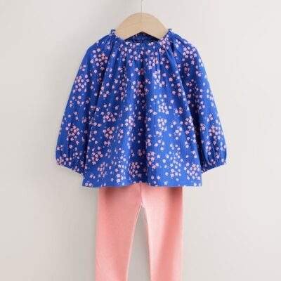 Blue Ditsy Floral Long Sleeve Blouse and Leggings Set