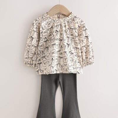 Black/White Bows Long Sleeve Blouse and Leggings Set