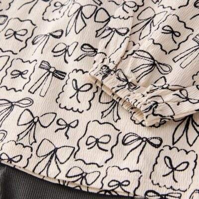 Black/White Bows Long Sleeve Blouse and Leggings Set