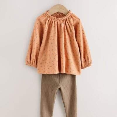 Orange Ditsy Floral Long Sleeve Blouse and Leggings Set