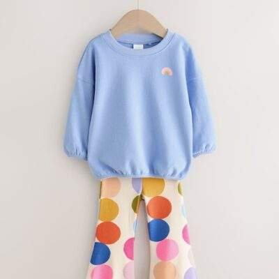 Blue Rainbow Spot Long Sleeve Top and Flare Set
