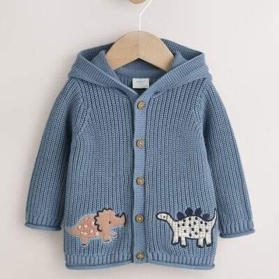 Navy Dinosaur Print Embroidered Baby Knitted Hooded Cardigan