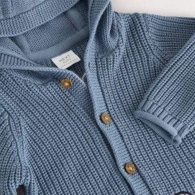 Navy Dinosaur Print Embroidered Baby Knitted Hooded Cardigan