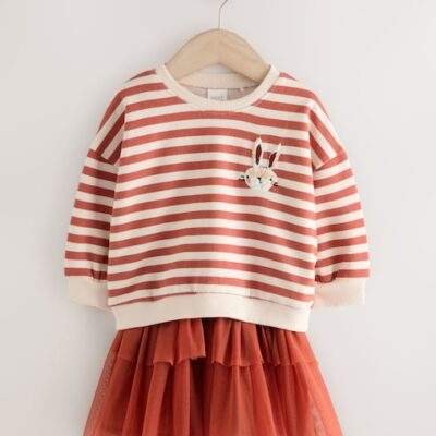 Orange Striped Long Sleeve Top and Skirt Set
