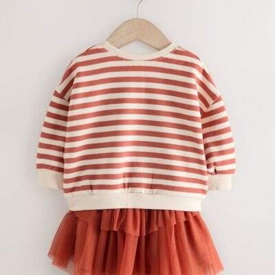 Orange Striped Long Sleeve Top and Skirt Set