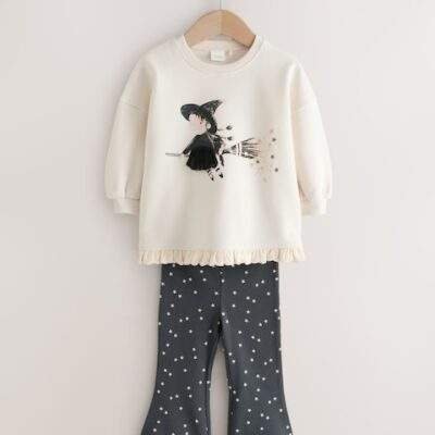 Cream Halloween Witch Frill Hem Sweatshirt & Flare Leggings Set