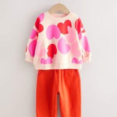 Pink/Red Heart Sweatshirt and Barrel Leg Joggers Set