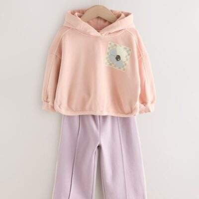 Light Pink Plant Graphic Print Hoodie & Wide Leg Joggers Set