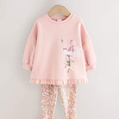 Pink Floral Fairy Frill Hem Sweatshirt & Leggings Set