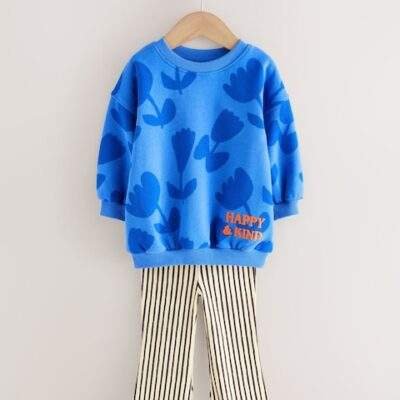 Blue Flower Sweatshirt & Flare Leggings Set