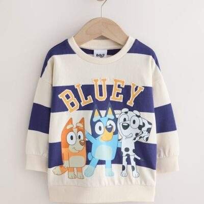 White/Blue Stripe Bluey Crew Neck Cotton Sweatshirt