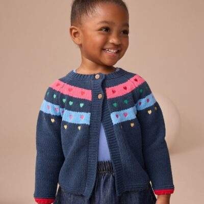 Navy Knitted Heart Print Cardigan