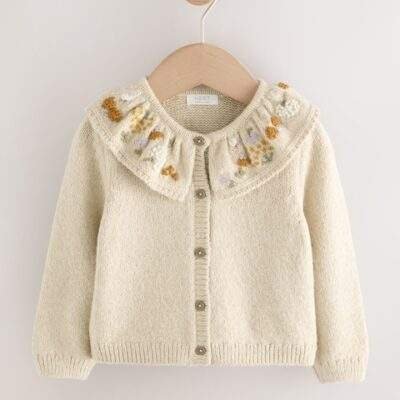 Ecru Floral Print Embellished Collar Cardigan