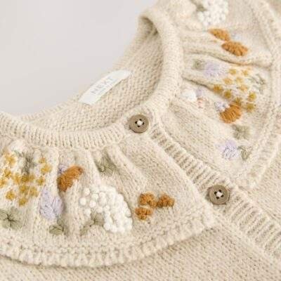 Ecru Floral Print Embellished Collar Cardigan