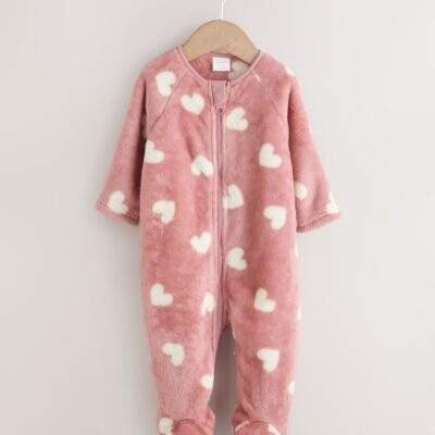 Pink Heart Print Baby Fleece Sleepsuit