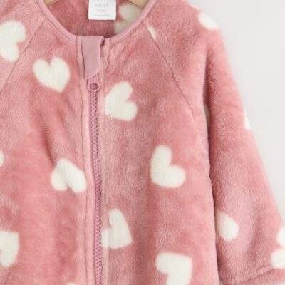 Pink Heart Print Baby Fleece Sleepsuit