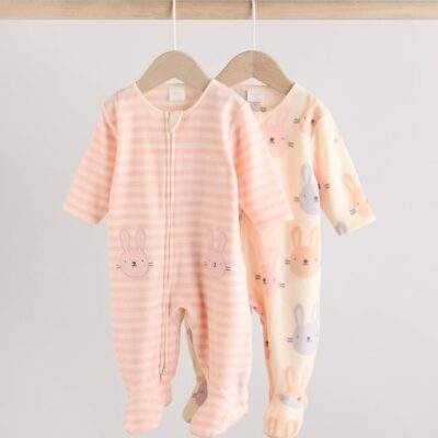 Pink 2 Pack Micro Fleece Two Way Zip Baby Sleepsuits