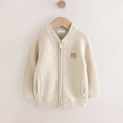Neutral Bear Zip Through Cardigan