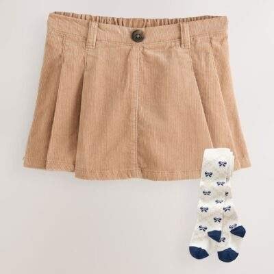Tan Brown Corduroy Skirt with Bow Tights