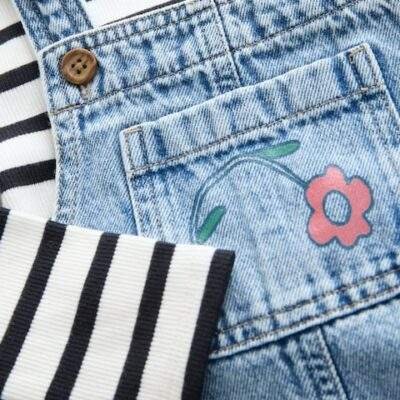 Mid Blue Denim Animal Print Dungarees and Stripe T-Shirt Set