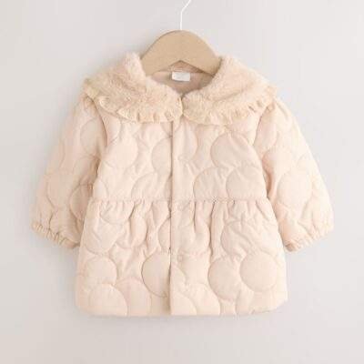 Neutral Oversized Collar Faux Fur Collar Quilted Baby Jacket