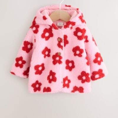 Pink Floral All Over Print Borg Hooded Baby Jacket