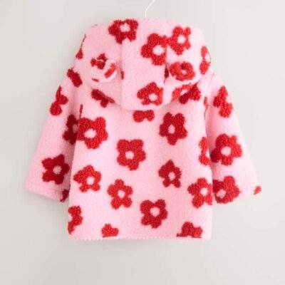 Pink Floral All Over Print Borg Hooded Baby Jacket