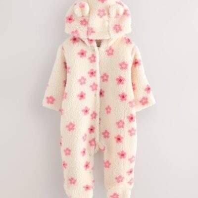 Ecru and Pink Floral Baby Borg Hooded Pramsuit