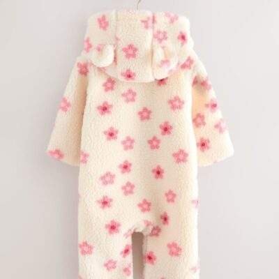 Ecru and Pink Floral Baby Borg Hooded Pramsuit