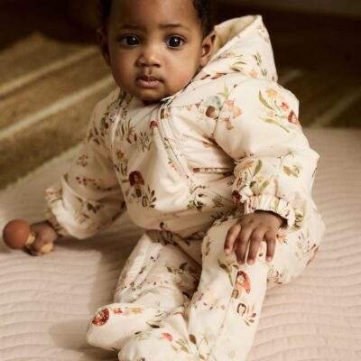Ecru Woodland Printed Hooded Nylon Baby Pramsuit
