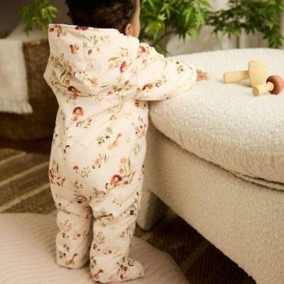 Ecru Woodland Printed Hooded Nylon Baby Pramsuit