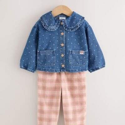 Mid Blue Denim Denim Shirt and Check Trousers Set