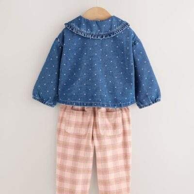 Mid Blue Denim Denim Shirt and Check Trousers Set