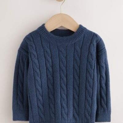 Navy Blue Cable Knit Crew Neck Jumper