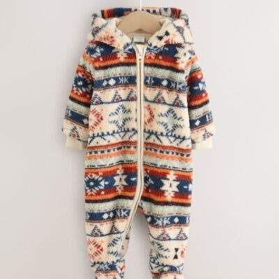 White Fairisle Pattern Zip Through Fleece Baby Pramsuit