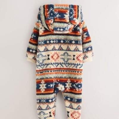 White Fairisle Pattern Zip Through Fleece Baby Pramsuit