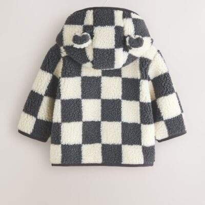 Charcoal Grey Checkerboard Hooded Baby Borg Jacket