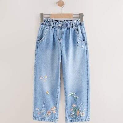 Denim Floral Print Embroidered Barrel-Leg Jeans
