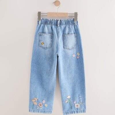 Denim Floral Print Embroidered Barrel-Leg Jeans