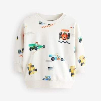 Ecru Off White Cars All-Over Print Crew Neck Sweatshirt