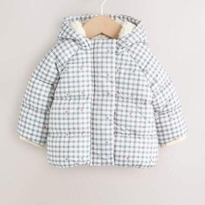 Grey Gingham Hooded Baby Padded Jacket