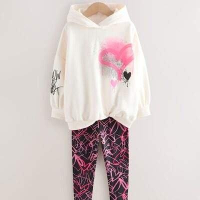 Ecru/Pink Graffiti Hoodie and Leggings Set
