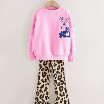 Pink/Animal Sweatshirt and Ribbed Flare Set
