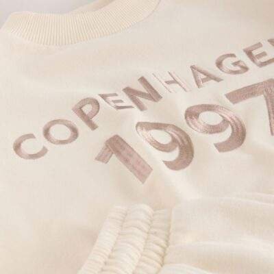 Ecru Slogan Sweatshirt And Wide Leg Joggers Set