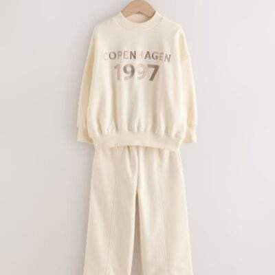 Ecru Slogan Sweatshirt And Wide Leg Joggers Set