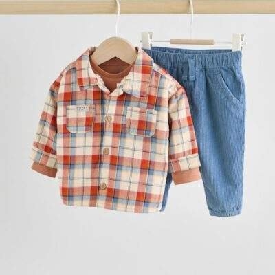 Brown/Navy Baby Shacket Top and Trousers 3 Piece Set