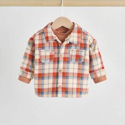 Brown/Navy Baby Shacket Top and Trousers 3 Piece Set