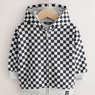 Black White Checkerboard Zip Through Hoodie